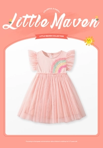 Detail of pink girls tulle dress featuring a multi-color rainbow applique and ruffle sleeves