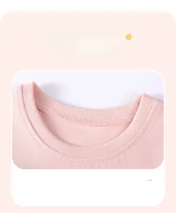 Close-up of pink cotton T-shirt neckline with durable double-stitch sewing detail