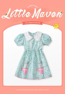 Detail of baby girl floral dress with lace Peter Pan collar and rabbit embroidery