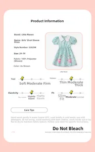 Detailed size chart and washing guide for girl's green floral short sleeve dress