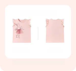 Girl's pink cotton top with ruffled shoulders and 3D mesh ballet dancer detail