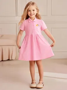 Abito Polo da Ragazza in Cotone a Maniche Corte Con Ricamo Arcobaleno Sole Vestito a Pieghe Estivo Casual da Principessa