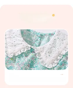 Macro detail of white lace Peter Pan collar with floral print on cotton girls dress