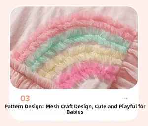 Detailed close-up of rainbow layered tulle mesh on a pink girl's summer cotton dress