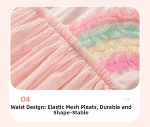 Detail of waist design featuring colorful pleated mesh stitching on a pink tutu dress