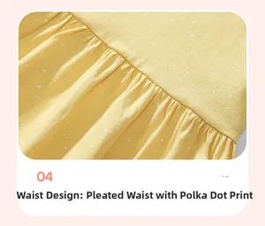 Détail de robe en coton à pois jaunes avec taille froncée et motif imprimé de qualité