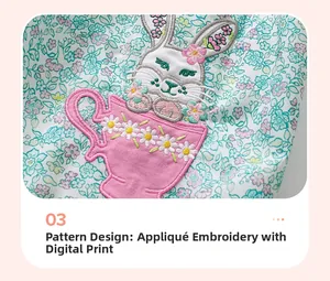Detail of bunny embroidery and teacup applique on a floral cotton girl's summer dress