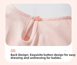 Detail of pink cotton dress back featuring round button closure and teardrop opening