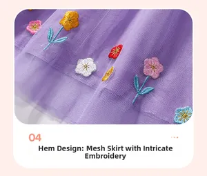 Détail de l'ourlet en tulle violet avec broderies florales et design en maille