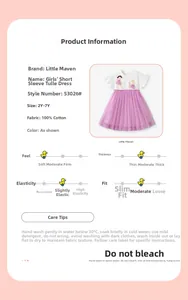 Detailed size chart and washing guide for girls' pink tulle short sleeve dress