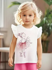Girls' white cotton t-shirt with ballet dancer print and pink leggings summer outfit