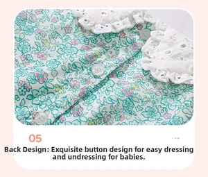Detail of girls floral dress featuring lace collar and button back closure for easy dressing