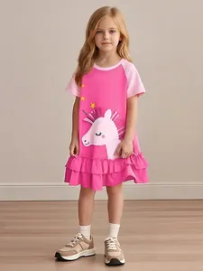 Girls Cute Cotton Short Sleeve Dress Unicorn Applique Ruffle Hem Casual Summer Princess Party Dress For Toddler Kids