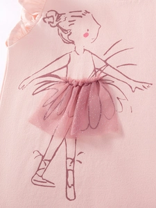 Pink cotton girls' T-shirt featuring a 3D ballet dancer design with a tulle tutu skirt