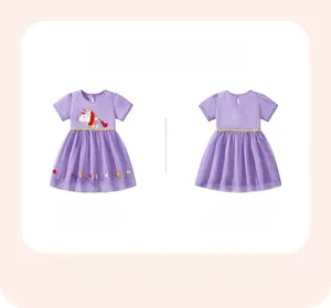 Robe violette pour fille avec licorne, ceinture à paillettes et broderie florale en tulle