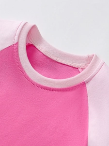 Short sleeve cotton dress for girls featuring a contrast crew neck and pink color blocks