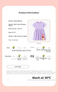 Détail de la robe violette en coton pour fille montrant le tissu et le guide des tailles