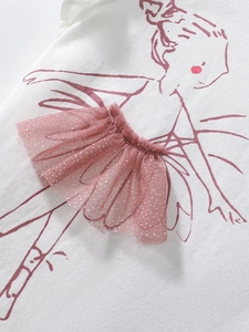 White cotton girls' T-shirt with 3D pink mesh ballet dancer applique detail
