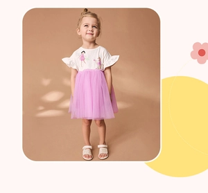 Detail of girls princess dress with pink mesh tutu skirt and cartoon fairy print