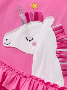 Pink cotton girls dress featuring a detailed unicorn applique and shiny sequin star