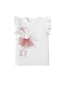 White cotton girls t-shirt with 3D pink mesh tutu ballet dancer design and ruffle sleeves