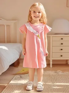 Little Maven Vestito da Bambina Estivo in Cotone Rosa Manica Corta Cartone Animato Cigno Applicazione Maniche con Volant Linea ad A