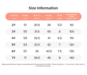 Size information chart for girls cotton dress showing length and bust in centimeters