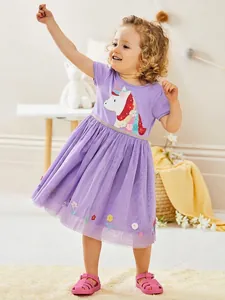 Robe de Princesse pour Filles Licorne en Coton et Maille Été Manches Courtes Tutu Violet