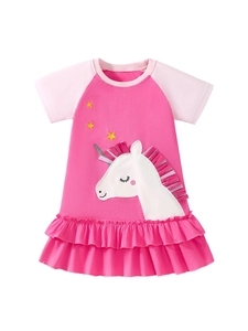 Pink short sleeve cotton girls dress with unicorn applique and ruffled tiered hemline