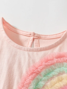 Pink toddler princess dress with rainbow tulle ruffles and buttoned back opening
