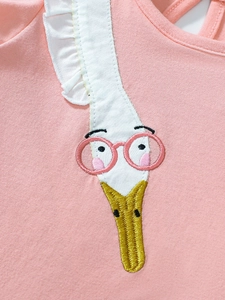 Abito rosa in cotone per bambine con simpatica applicazione a cigno e ricamo oro