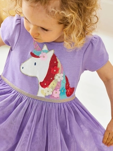 Robe violette manches courtes pour fillettes avec broderie licorne et jupe en tulle
