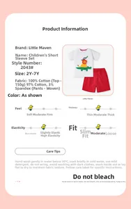 Dettagli del completo per bambini con t-shirt a leone e pantaloncini rossi con misure