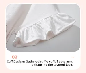 Detail of white cotton dress showing ruffled lotus leaf cuffs and textured breathable fabric
