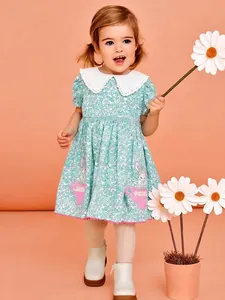 Girls Short Sleeve Floral Dress With Lace Peter Pan Collar And Bunny Embroidery Sweet Pastoral Style Kids Clothing