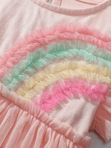 Pink girls' dress with 3D rainbow mesh ruffles and soft knit fabric details