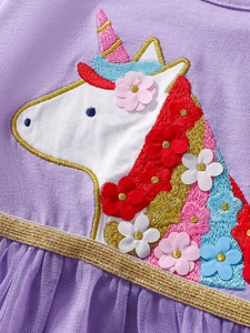 Robe violette pour fille avec broderie licorne, fleurs 3D et jupe en tulle pailleté