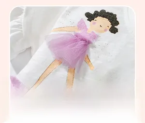 Close-up of girl print with 3D purple tulle skirt detail on white cotton dress