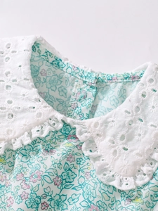 Girls' short sleeve floral dress with white eyelet embroidery collar detail