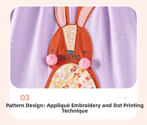Détail de broderie lapin avec pompon 3D sur une robe en coton violette à pois blancs