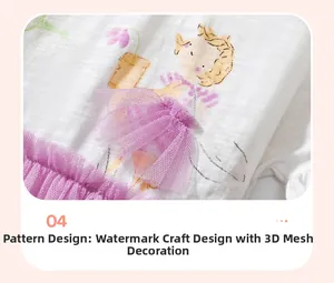 Detail of girl's cotton dress featuring cartoon print and lavender mesh tutu fabric