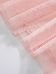 Pink tulle mesh layered princess dress for girls featuring delicate pleated fabric details