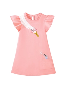 Abito estivo in cotone rosa per bambine con ricamo a cigno e maniche a volant