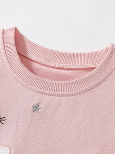 Rosa Baumwollpullover für Mädchen mit Rundhalsausschnitt und silberner Sternstickerei