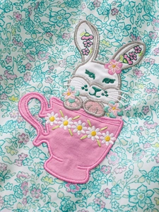 Short sleeve white girls dress with cute bunny tea cup embroidery and floral pattern