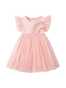 Pink toddler girl tutu dress with rainbow applique and ruffled sleeves for summer parties