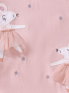 Rosa Baumwollkleid für Mädchen mit süßen Ballett-Mäusen und 3D-Tüllröcken Stickerei