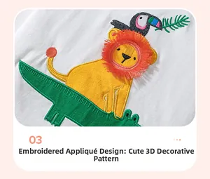 Dettaglio del top in cotone con applique animale 3D colorata e frange rosse vivaci