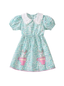 Floral cotton girls summer dress with lace collar and cute rabbit embroidery decoration