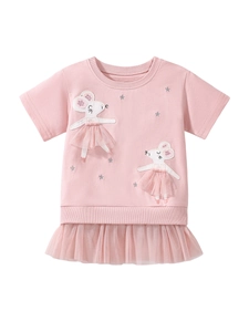 Rosa Mädchen T-Shirt-Kleid mit Ballett-Maus-Stickerei und flauschigem Tüllrock-Saum